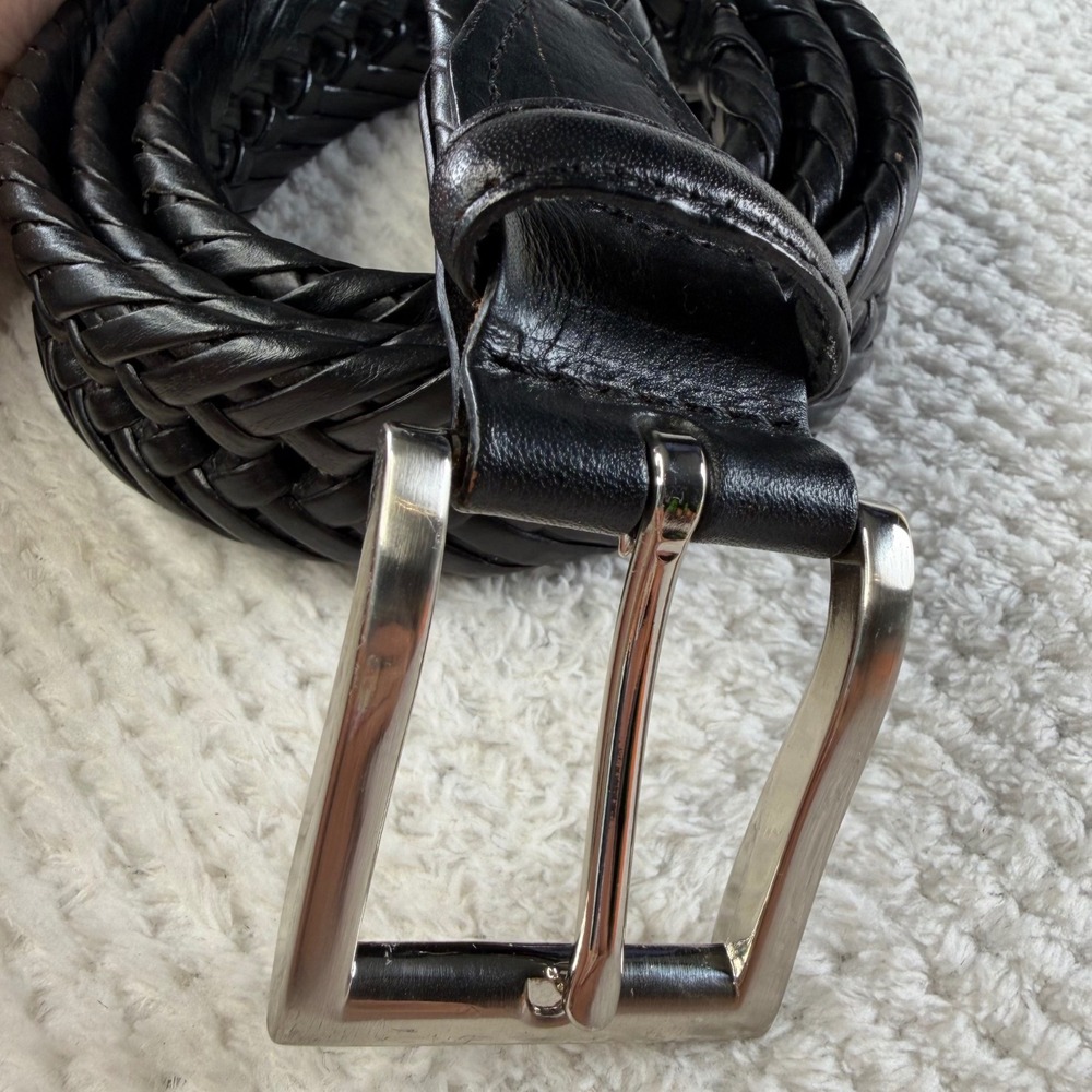 AKF Mens Black Braided Bonded Leather Belt Size 38 Silver Buckle Handcrafted